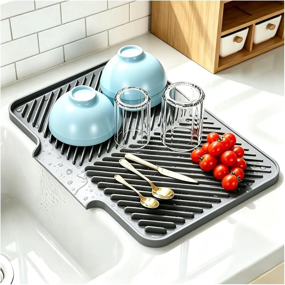 Silicone Dish Drying Mat for Kitchen Counter - Non-Slip Drain Pad with Built-in Drain, Loop & Board, Hangable Liner for Sink, Coffee Mugs & Coasters Storage, Home Organizer, Tableware
