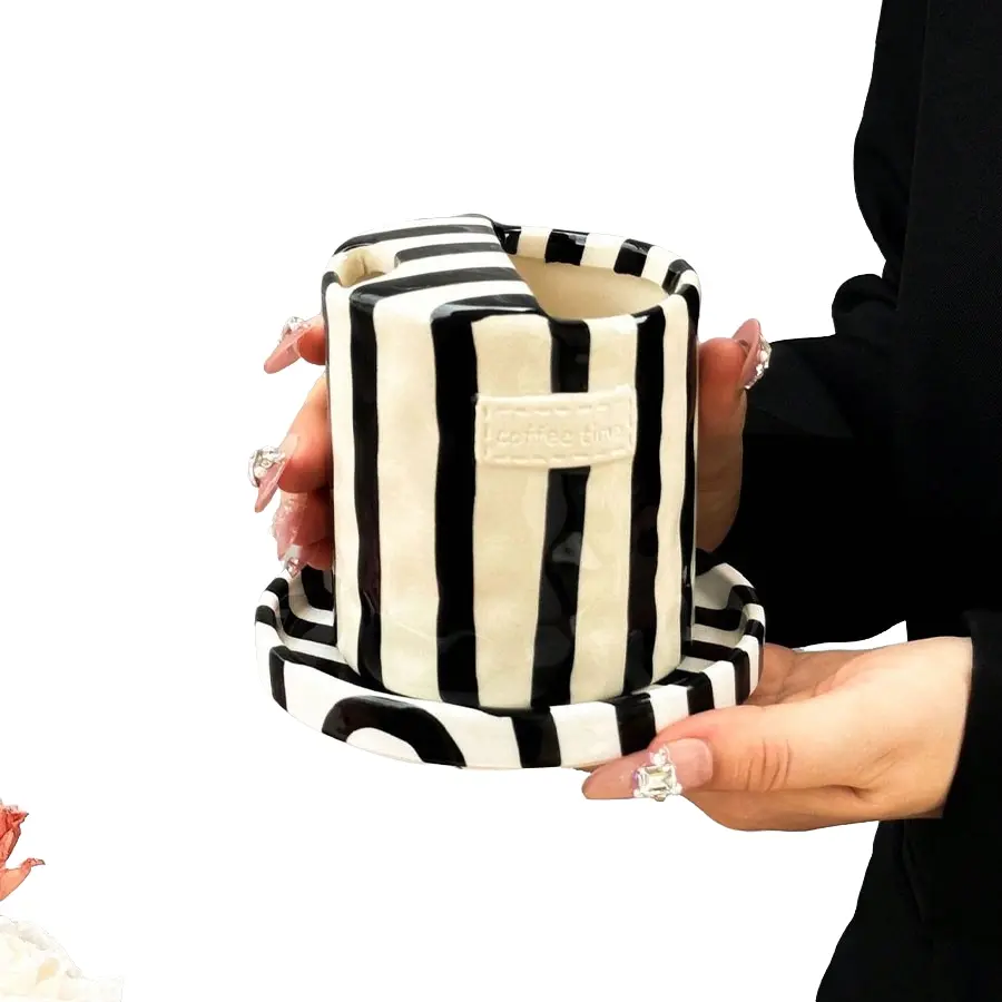 Vertical Striped Ceramic Coffee Cup Saucer, European Simple Handmade Mug, Classic Stripe Series, Multi-Purpose Thermal Cup for Home Restaurant Cafe, Coffee Drinkware