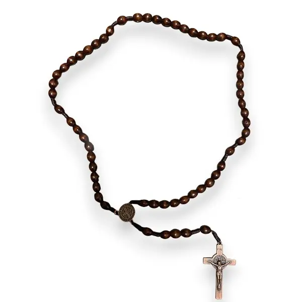 St. Benedict Rugged Wooden Rosary with Bronze Center Piece