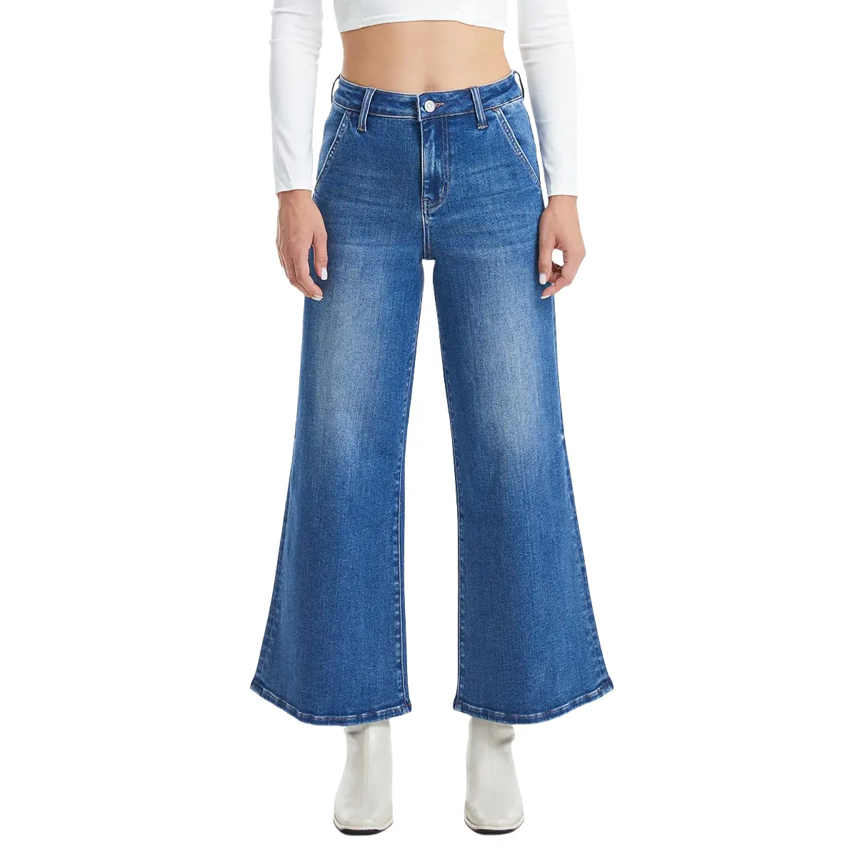 High Rise Carpenter Wide Flare Leg Jeans BYW8085 Mid Blue Denim Pants