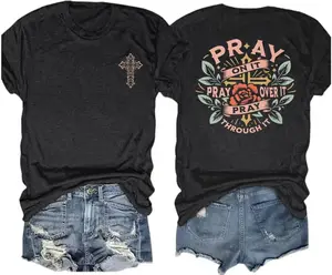 Retro Christian Jesus Faith T Shirts for Women Cross Pray Floral Printed Short Sleeve Inspirational Bible Verse Tee Tops