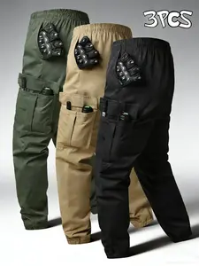 Men's Tactical Work Pants Set of 3, Casual Fitted Trousers, Multi-Pocket Design, Durable Polyester & Spandex Blend, Elastic Fabric, Comfortable and Stylish