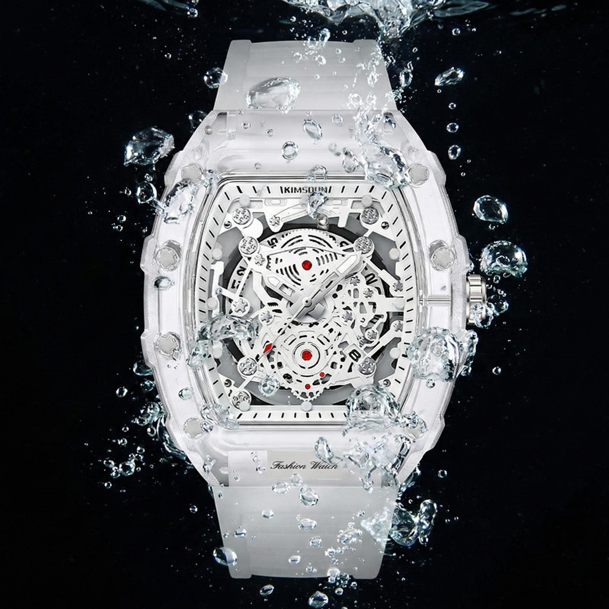 ANTHONY Men's Luxury Transparent Waterproof Barrel-Shaped Skeleton Quartz Watch with Calendar Display & Luminous Markers Water Resistant Wristwatch for Daily Party & Outdoor Use Great Birthday Gift Idea with Tin Box Included