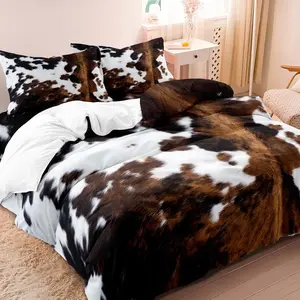 3Pcs Brown And Black Cow Pattern Yak Leather Printed Bedding Set With Washable Ultra-Fine Microfiber Duvet Cover, Soft And Comfortable, Included 1*Duvet Cover & 2 Pillowcase( Comforter Not Included) Soft Bedding Sets