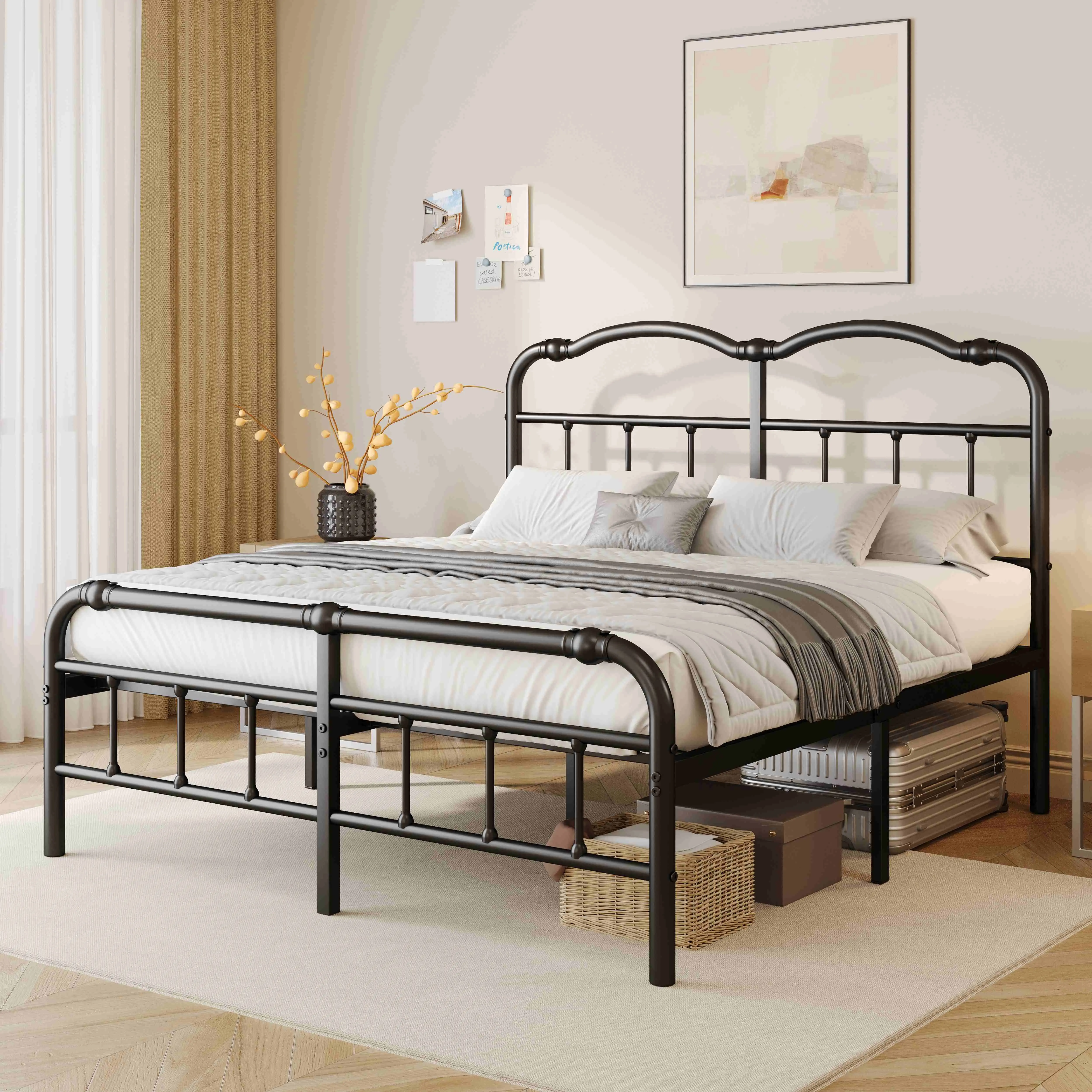 Aardhen Heavy Duty Metal Platform Bed Frame Victorian Style No Box Spring Needed Easy Assembly No Squeak Sturdy Durable Noise Free Vintage Aesthetic Bed With Headboard Bedroom Furniture, Sturdy Platform Bed #Summervibes