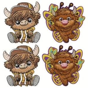 4pcs Highland Cow Iron-On Embroidered Patches - Polyester Fabric Applique, Heat Transfer & Sewing Sticker for DIY Crafts, Clothes, Bags, Embroidered Sticker Applique