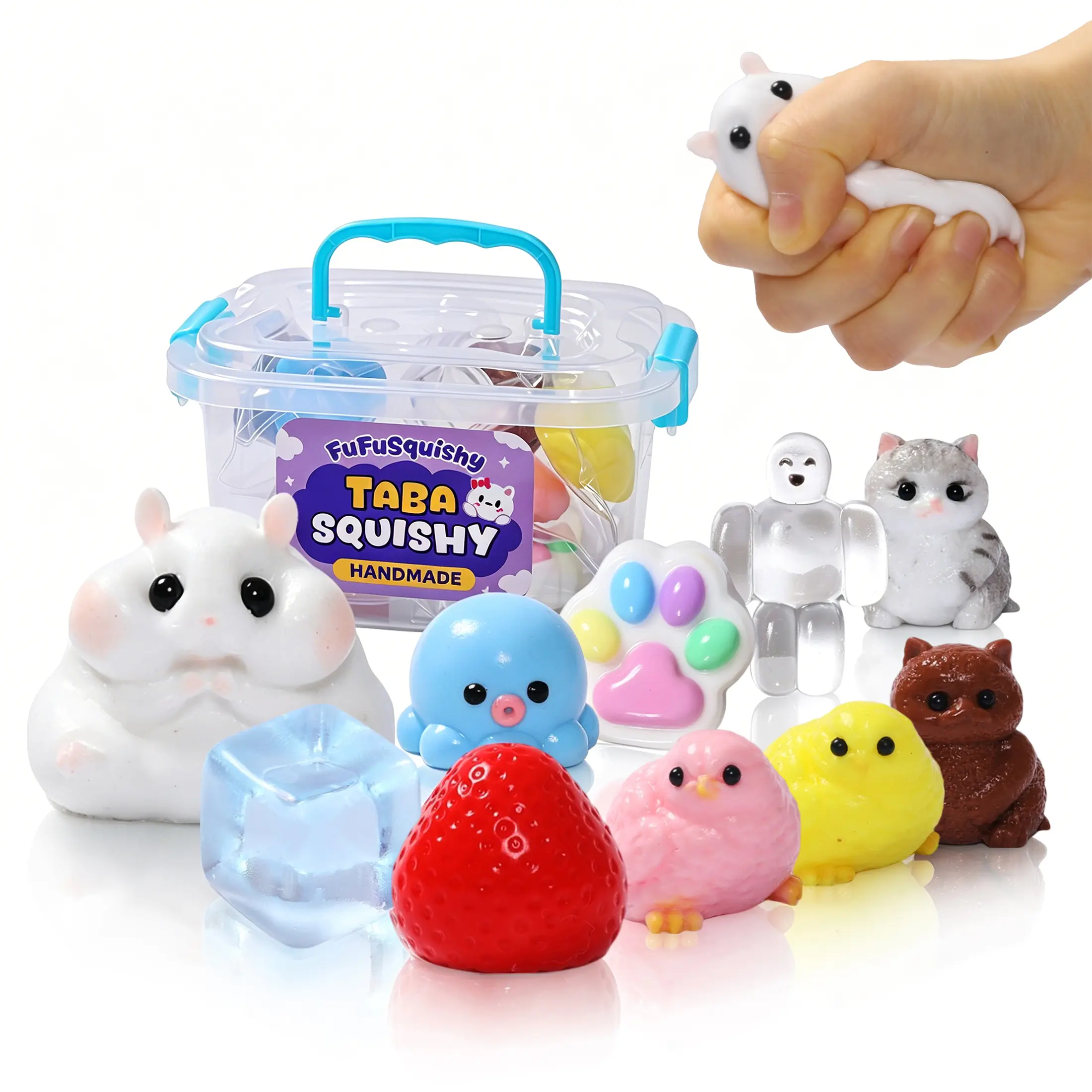 FUFUSQUISHY 10 Pack Taba Squishy Set, 1 Regular Size & 9 Mini Handmade Silicone Squishies, Assorted Kawaii Designs with Storage Box