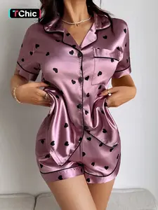 Women's 2-Piece Satin Pajama Set, Cute Heart Pattern Fitted Top with Pocket, Bow Short Pants, Casual Home Wear, Comfortable Sleepwear, Loungewear