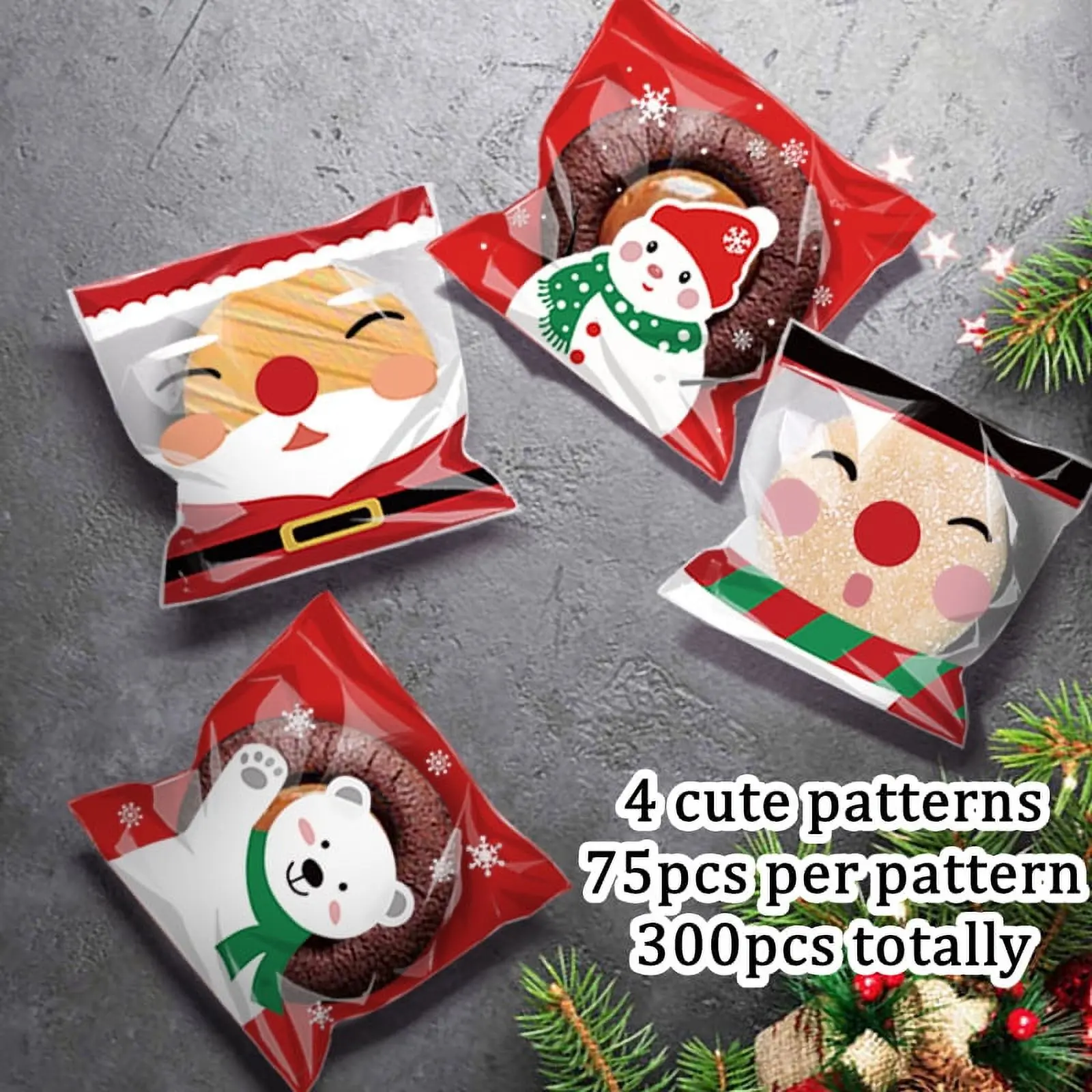 Christmas Self-Adhesive Cellophane Treat Bags, 300Pcs with Santa, Snowflake, Snowman, Bear Patterns for Candy, Party Favors, Gifts