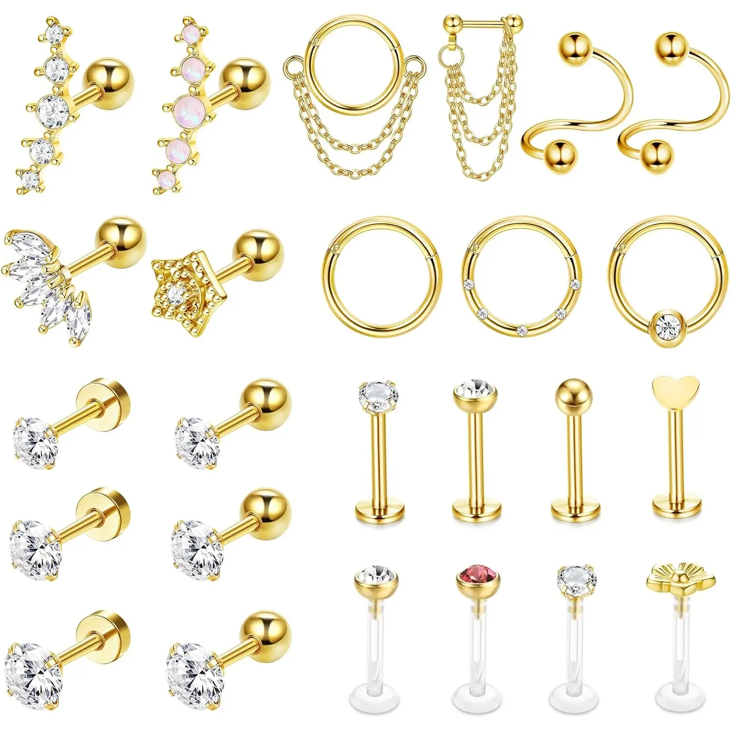 25Pcs 16G Cartilage Piercing Jewelry Hypoallergenic Surgical Steel Helix Piercing Jewelry Forward Helix Earrings Conch Hoop Cartilage Earring Stud, Piercing Earrings Studs, Conch Piercing Ear
