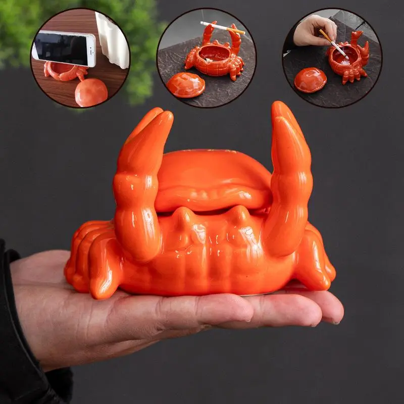 Ceramic Crab-Form Ashtray with Lid, Windproof Home Decor Statue - Multi-Functional Holder for Phones, Pens, Suitable for Indoor/Outdoor Use, Ceramics
