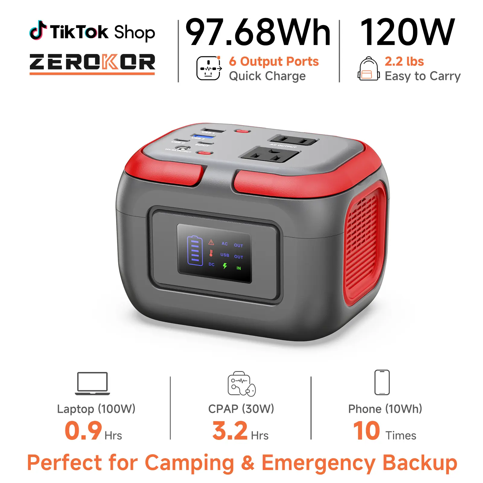 [ZeroKor] Multifunctional High-Power Portable Battery Pack 120W 26400mAh Lithium Backup, 7 Ports (AC, DC, USB-A) with Digital Display, Handle, Fast Charge for Phone, Camping, On the Road Emergency Solution
