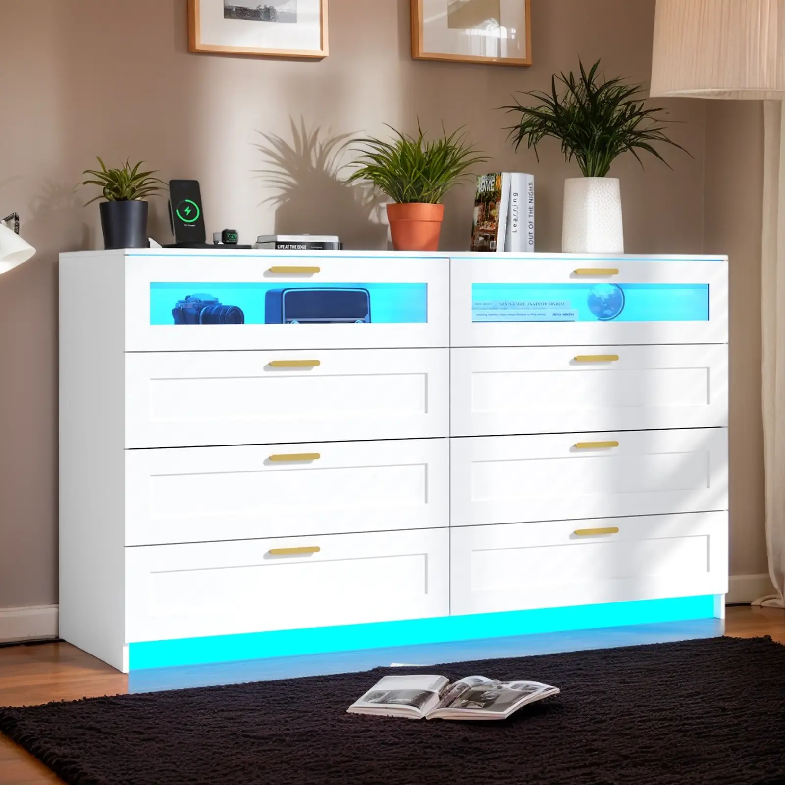 8-Drawer Modern Storage Cabinet Dresser with Charging Station (2 USB Ports, 2 AC Sockets), LED Lights, Sturdy Double-Wide Organizer - Top for Decor, Minimal Aesthetic Indoor Furniture for Bedroom Organization, Bedroom Dresser