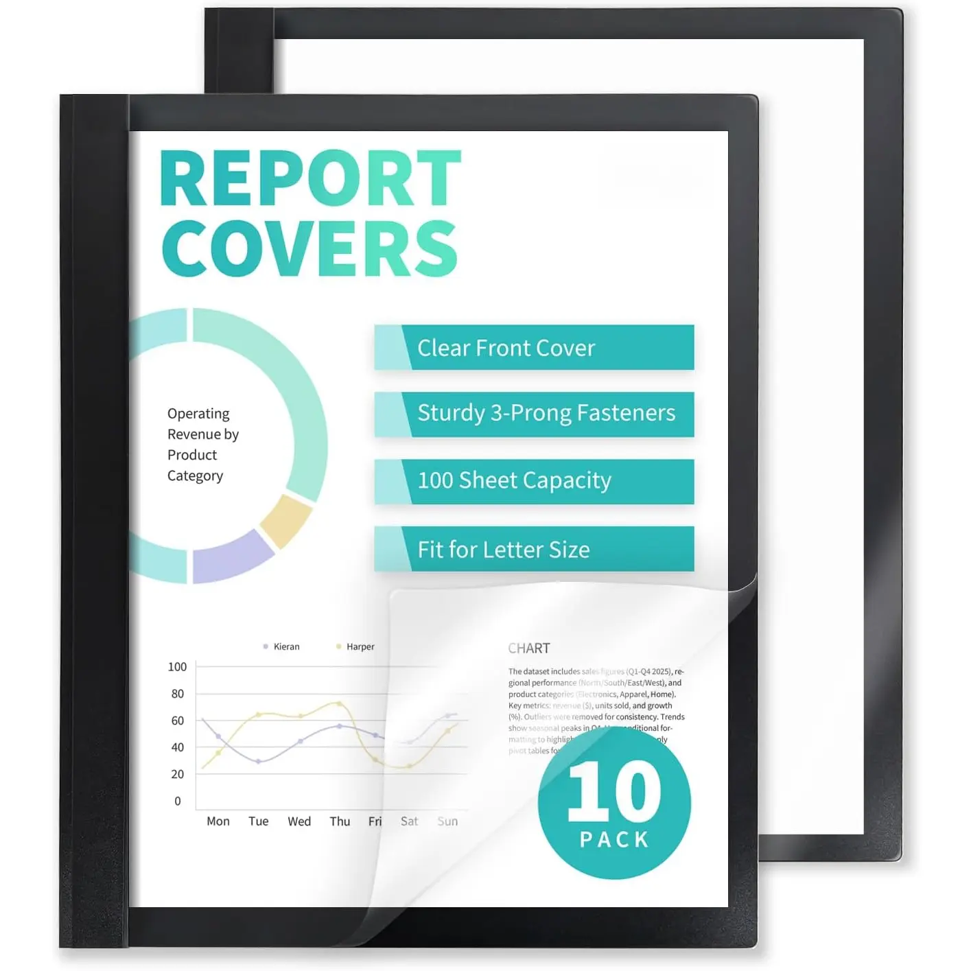 10 Pack Clear Front Report Covers with 3 Prongs, 100-Sheet Capacity, Heavy-Duty Plastic Report Folder with Black  Covers, 3 Metal Prongs Fasteners, for Letter Size, Office Supplies
