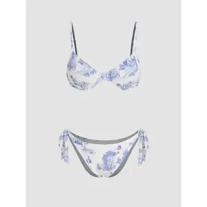 Cider Square Neck Floral Shirred Underwire Tie Side Bikini Swimsuit