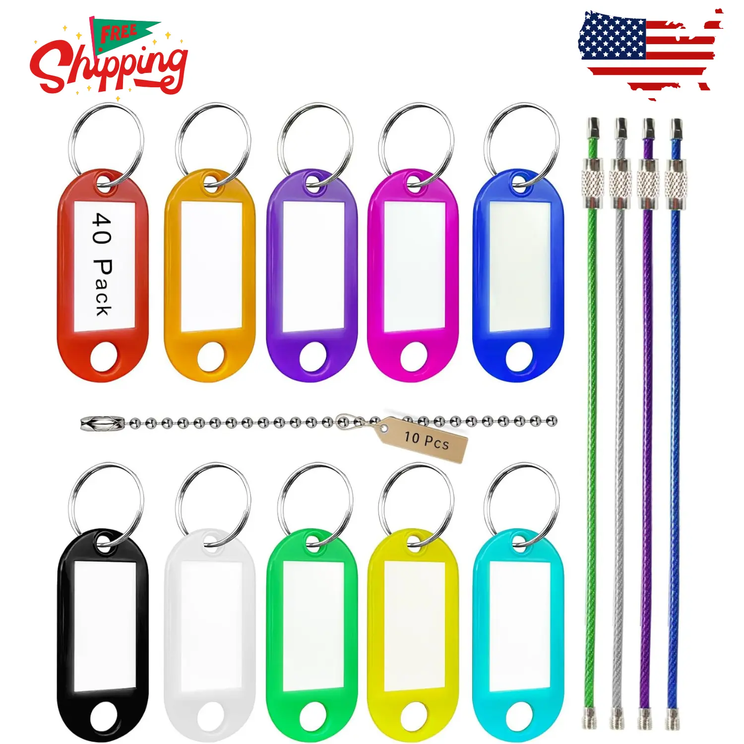Key Tag Set (40 Plastic Key Labels with 10 Ball Chains & 4 Cable Key Rings)