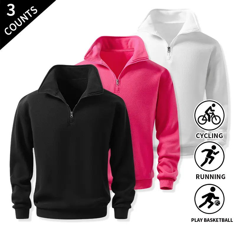 3-pack solid color quarter-zip sweatshirt pullovers, standard fit, stand collar tops for office commutes and weekend city sightseeing