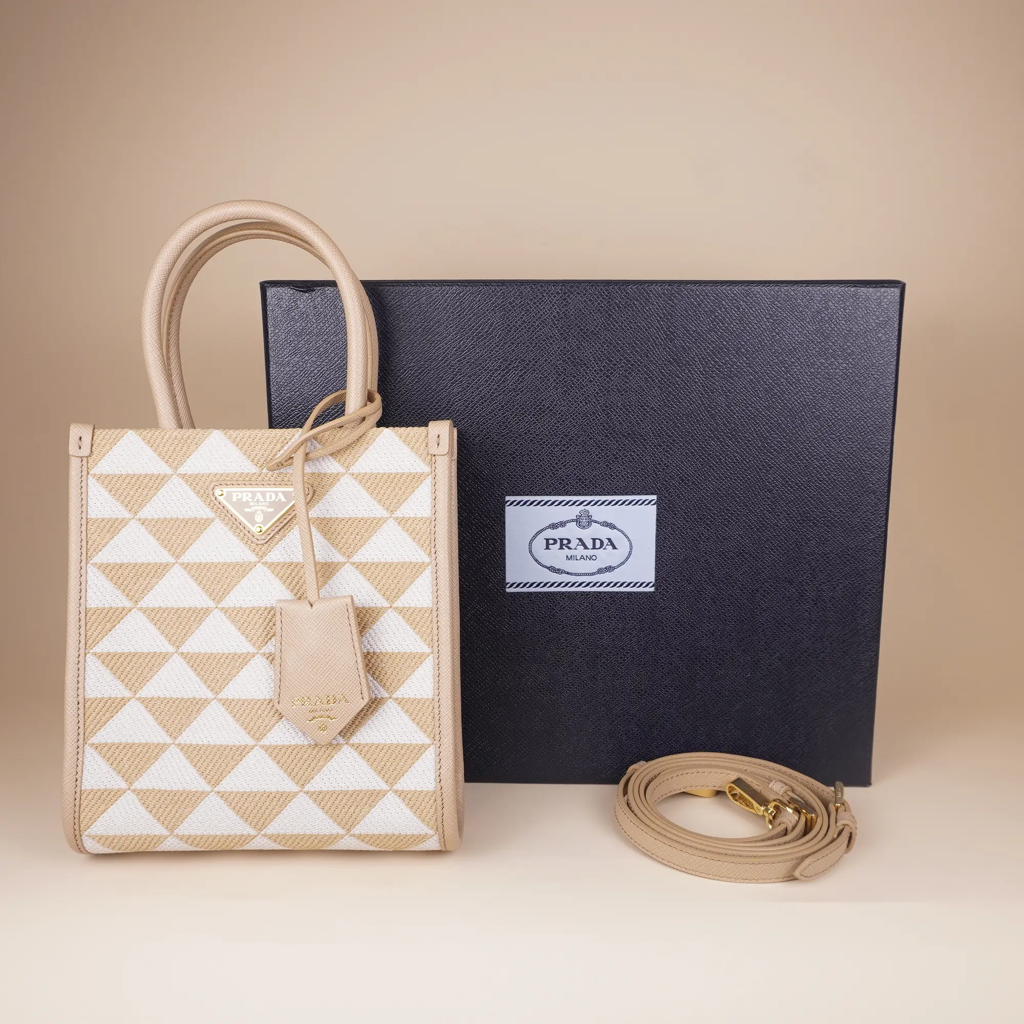 Pre-owned PRADA Jacquard Crossbody Bags Mini Triangolo Beige Symbole Crossbody Bag