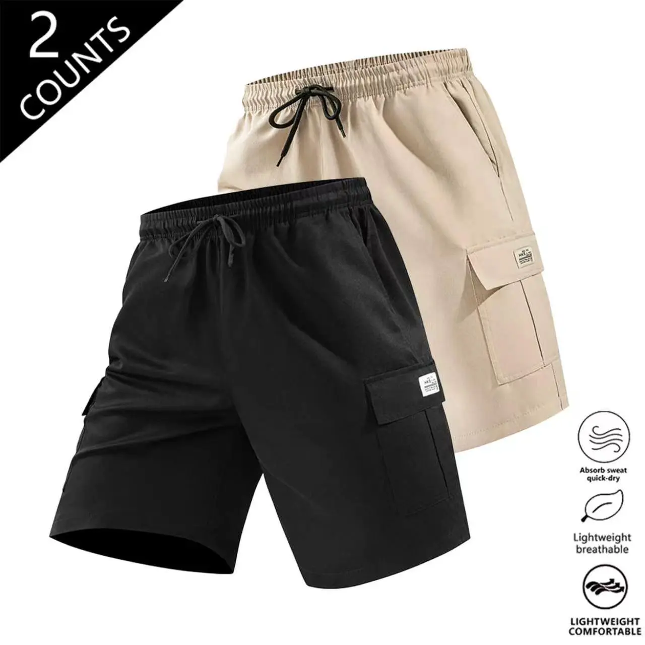 Men’s summer cargo shorts two-piece set with drawstring ties, casual and stylish, suitable for everyday and outdoor wear Beige essential shorts shorts for the summer men shorts