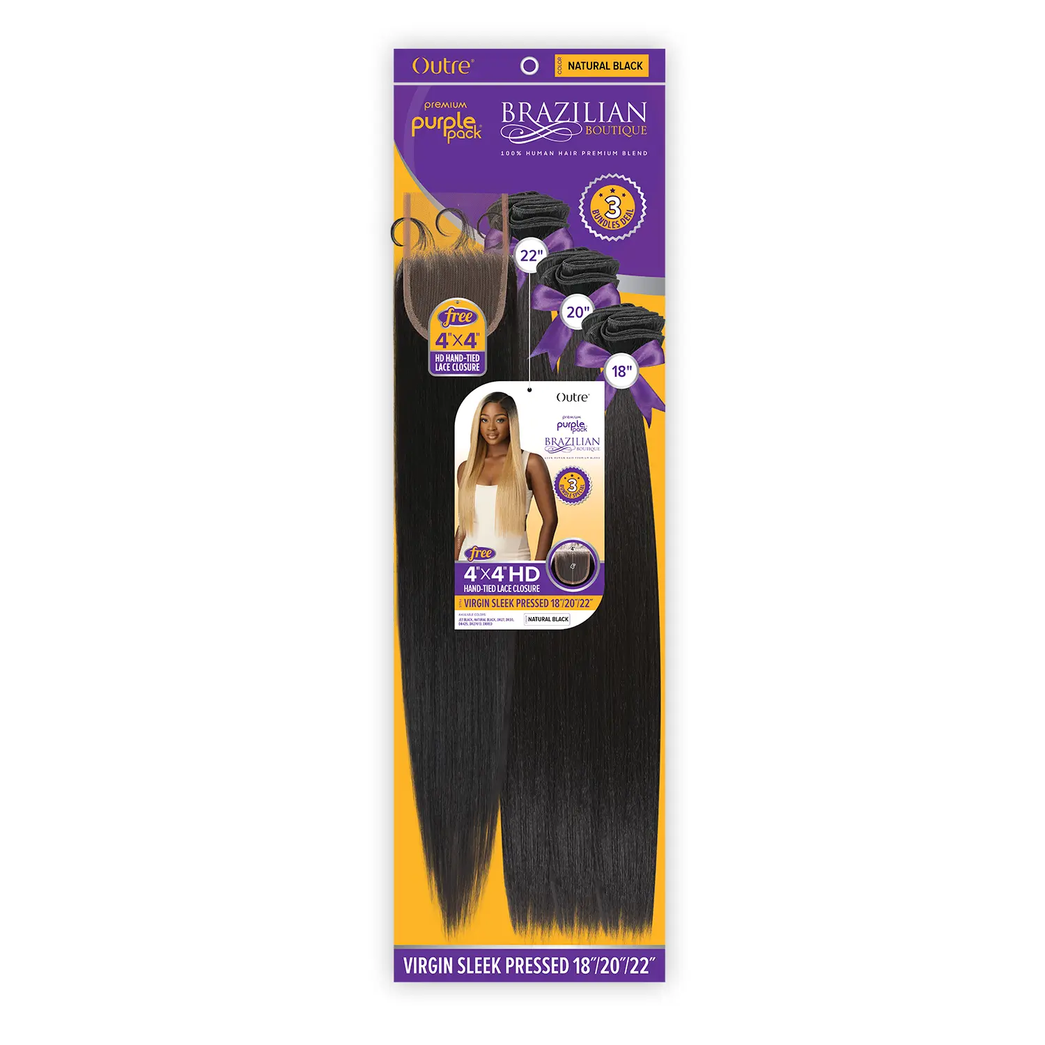 Outre Human Hair Blend Weave Premium Purple Pack Brazilian Boutique Virgin Sleek Pressed 18", 20", 22"+ Free HD 4X4 Lace Closure