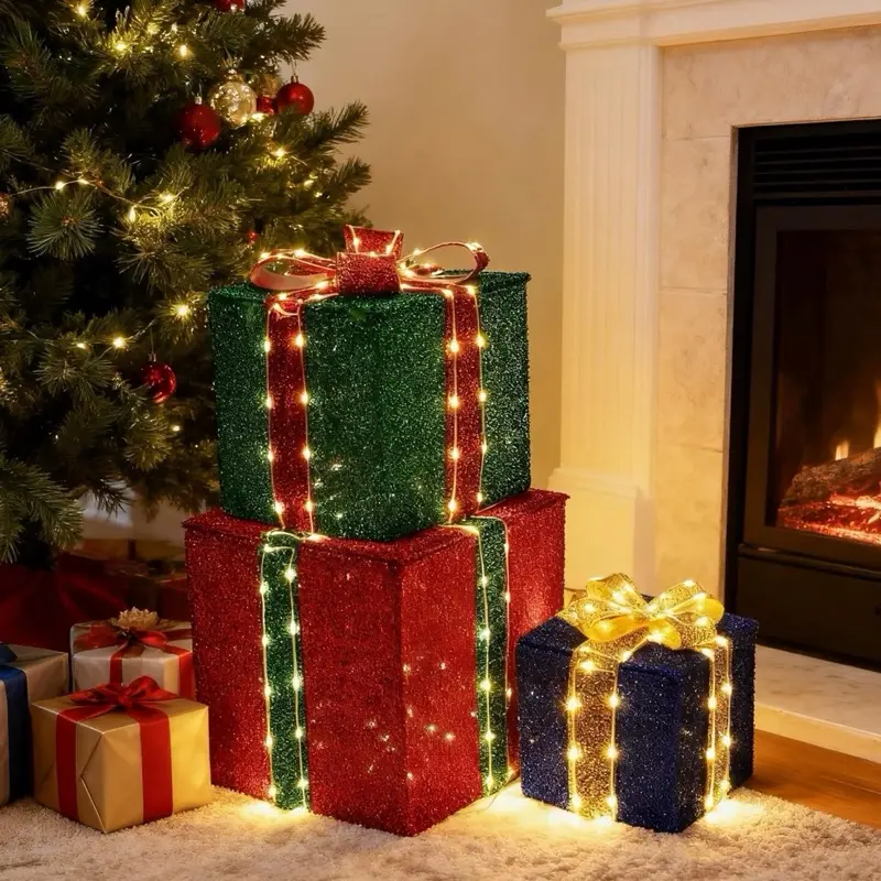 Lomotech Set of 3 Christmas Lighted Gift Boxes - Prel-Lit Gift Boxes with Timer, Lighted Christmas Presents for Xmas Tree, Yard, Holiday, Indoor Christmas Decorations（Small)