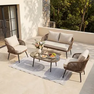 LITTLE TREE 4-Piece Outdoor Patio Furniture Set, Rattan Wicker Conversation Furniture Set with Removable Cushions and Glass Coffee Table for Garden, Pool, Porch, Balcony (Brown)