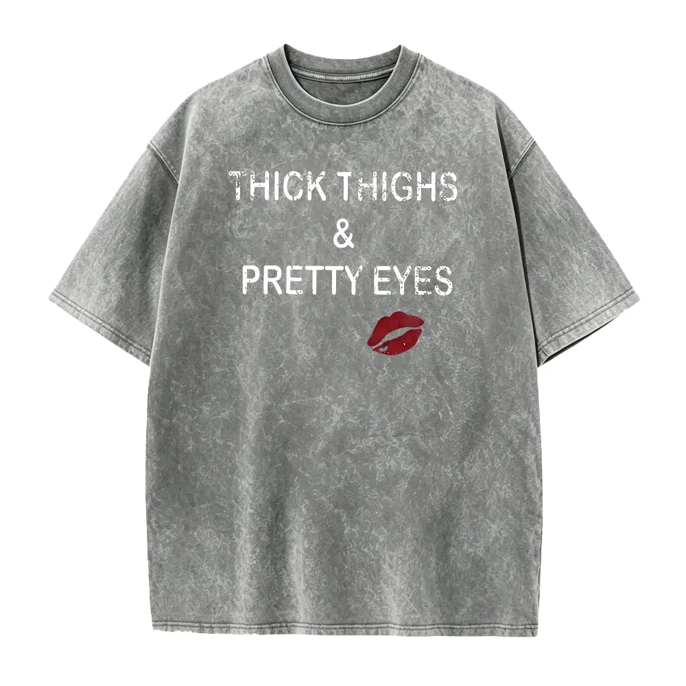 Vintage Distressed Lip Print T-Shirt, Unisex Washed, Thick Thighs Pretty Eyes Body Positive Streetwear Layering Top