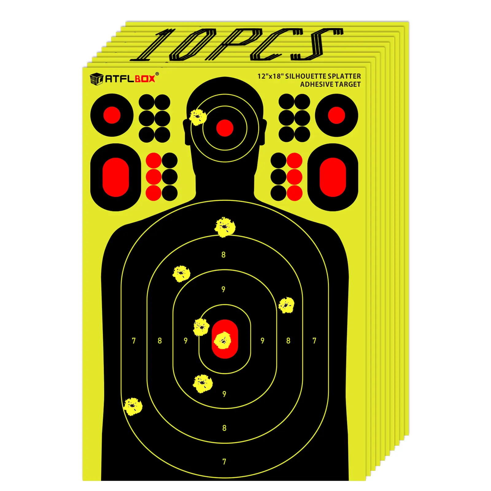 ATFLBOX 12x18 inch Unisex Adhesive Silhouette Splatter Targets, 10-Pack with 28 Peel-and-Stick Repair Patches - Cost-Effective High Visibility for Tactical Training, Shooting Practice