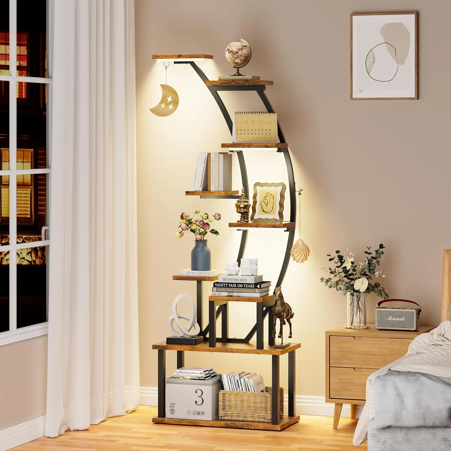 Tall Bookshelf with Lights, Ladder Bookcase, 7 Tier Arched Home Office Storage Book Collectibles Shelves, 63" Modern Corner Display Shelf for for Narrow Space Bedroom Living Room,Rustic Brown