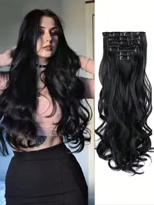 Long Wavy Clip-in Hair Extensions, Natural Looking Gorgeous Fluffy Wigs for Women, Synthetic Heat-resistant Hair Extensions for Party, Daily Use, Glueless Clip In
