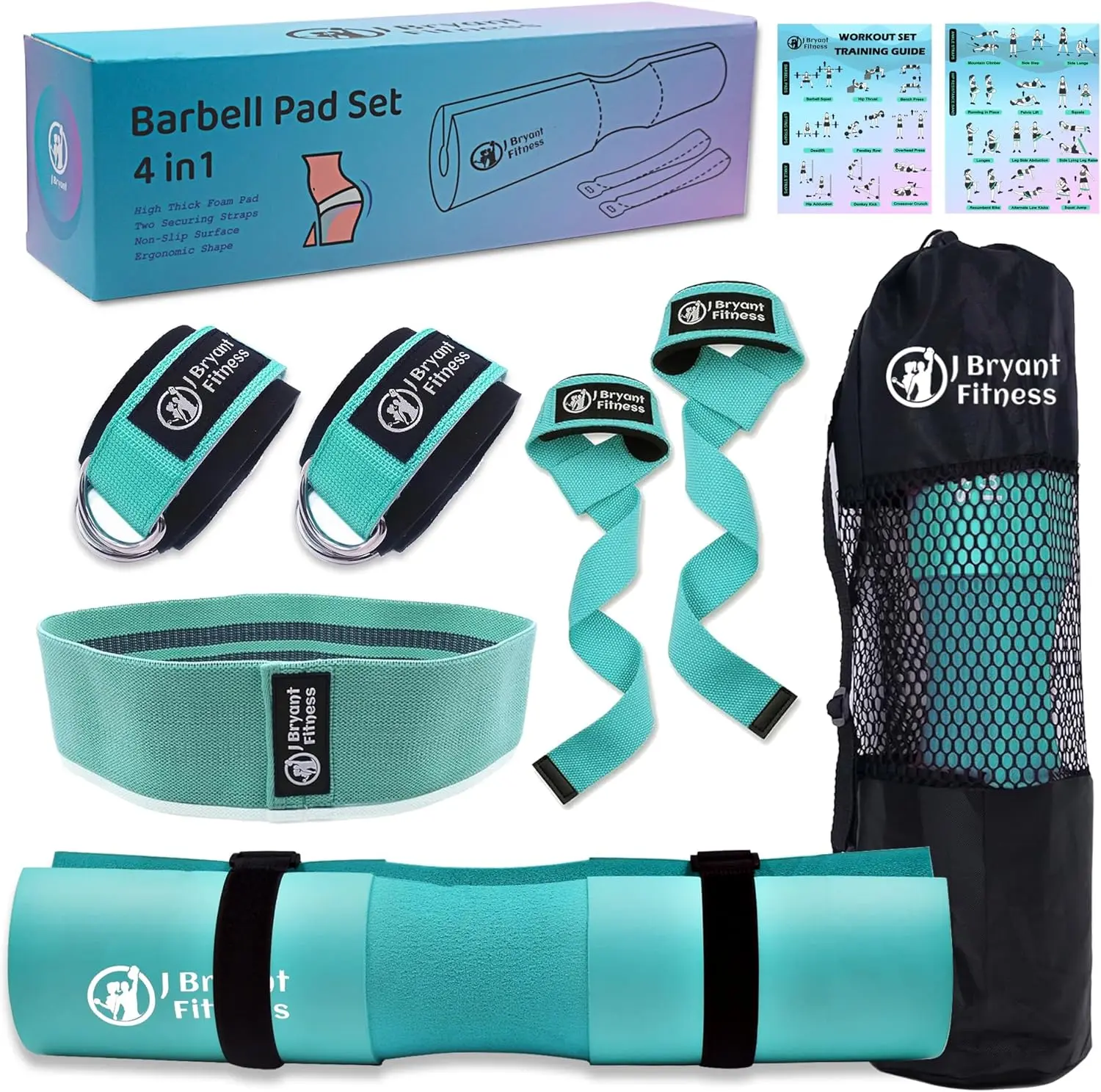 J Bryant Barbell Pad Set with 2 Ankle Straps - Thick Cushion Pad for Hip Thrusts, Squats, Bench Press, Home Gym Strength Training, Workout