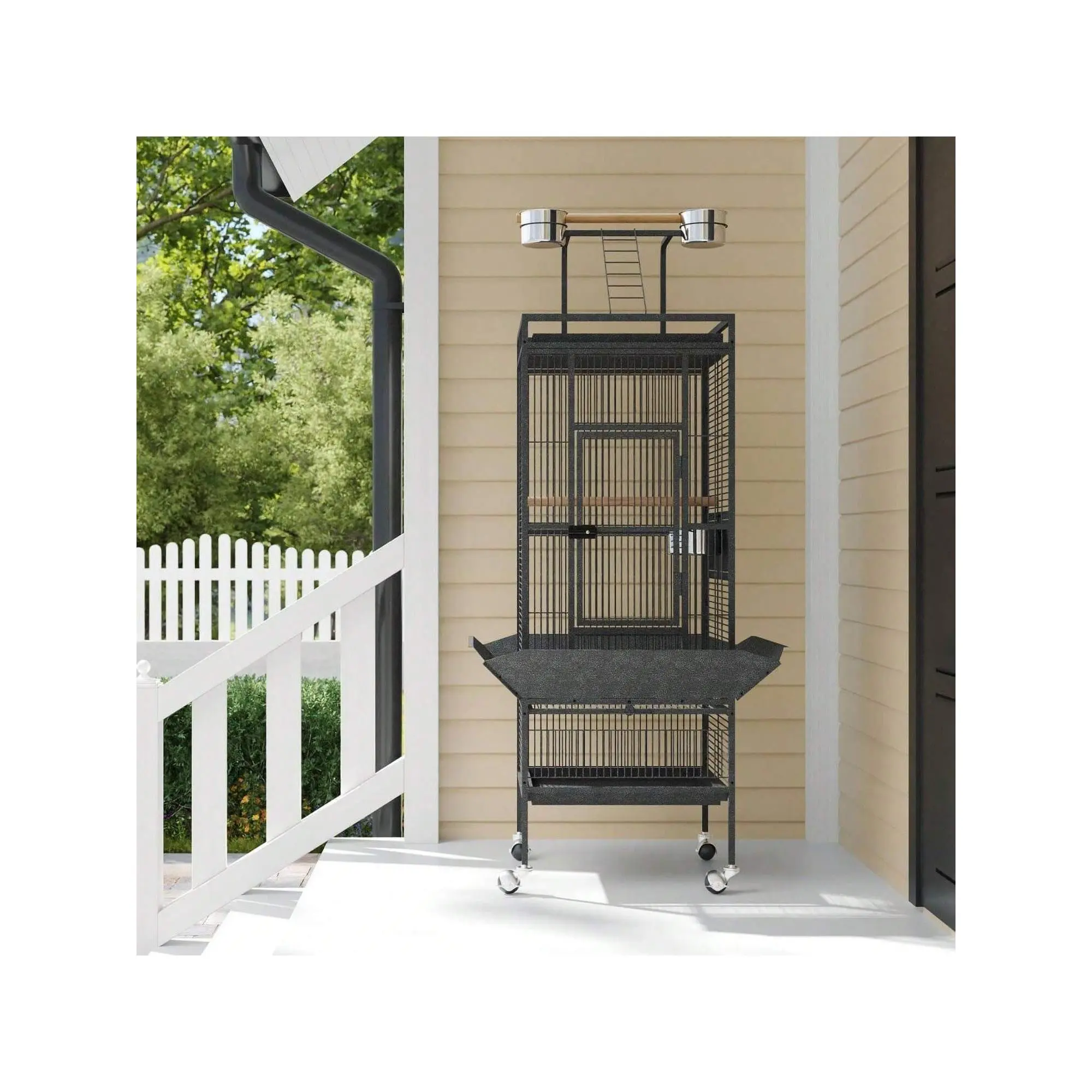 61 Inch Large Bird Cage, Metal Bird Fight Cage With Play Top, Rolling Stands, Feed Bowls, Wide Tall Parrot Cage For Parakeets, Conures, Cockatiel, Cockatoo  Large Bird Cage With Rooftop Playground & 360° Casters - Rolling So