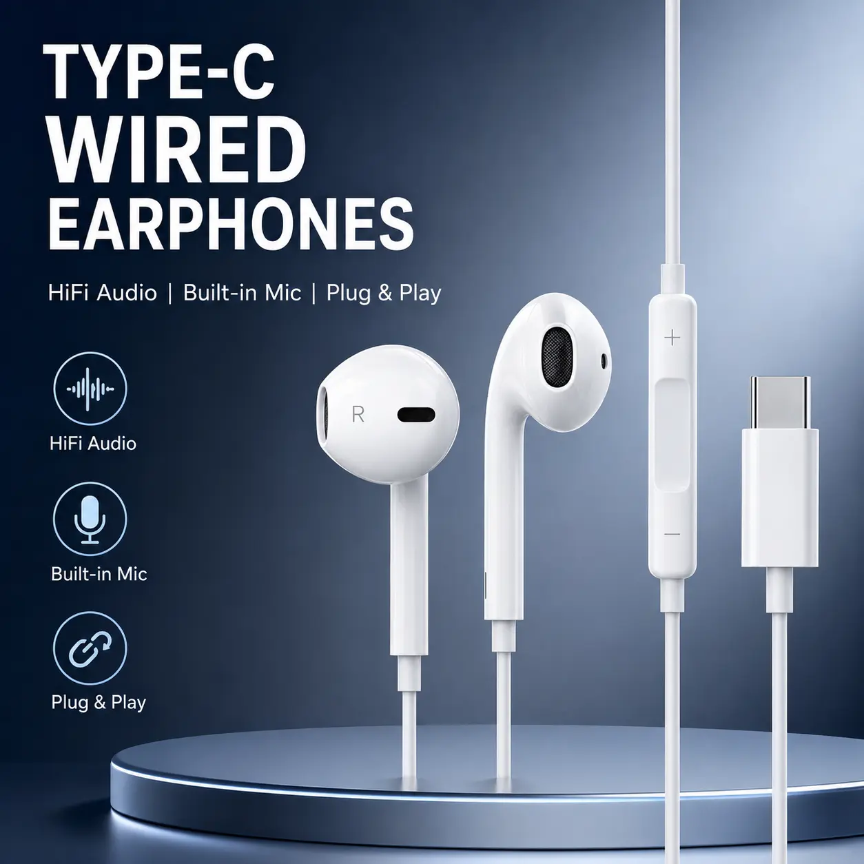 Clear HiFi Stereo Wired Earbuds with Built-in Mic & Adjustable Volume Buttons, Lightweight Portable Daily Earphones, USB C Type C Wired Headphones Compatible with iPhone 15/16/17, Samsung Galaxy, Android Phones