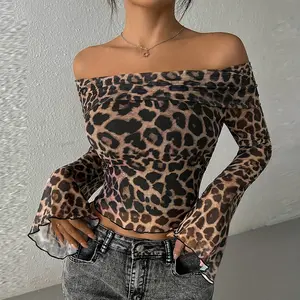 Leopard Print Off Shoulder Mesh Crop Top with Bell Sleeves Casual Elegant Party Dating Wear Sexy Bodycon Long Sleeve Double Layer T Shirt for Women's Summer & Fall Y2K Fashion Outfit Tops