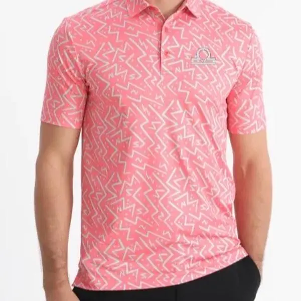Modern Fit Golf Polo Shirt Polyester Spandex Blend with Geometric Pattern in Coral Color