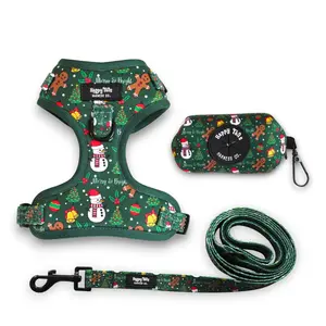 Merry & Bright Christmas Dog Walking Set with Adjustable Harness Matching Leash & Poop Bag Holder Festive Holiday Outfit for Pups