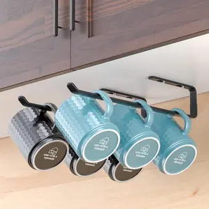 Coffee Mug Holder Under Cabinet 2 Pack, Metal Sturdy Coffee Mug Rack Under Shelf Organizer, Display Hanging Coffee Cup Storage Hooks for Bar Kitchen Utensils/Wine Glasses/Tea Cup, Black