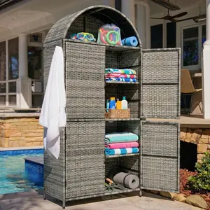 ARCH K&K 72" Tall Arched Wicker Outdoor Storage Cabinet with Shelves, 4-Door Outdoor Rattan Vertical Storage Shed with Adjustable Shelves, Outdoor Towel Holder for Garden, Backyard, Pool, Grey