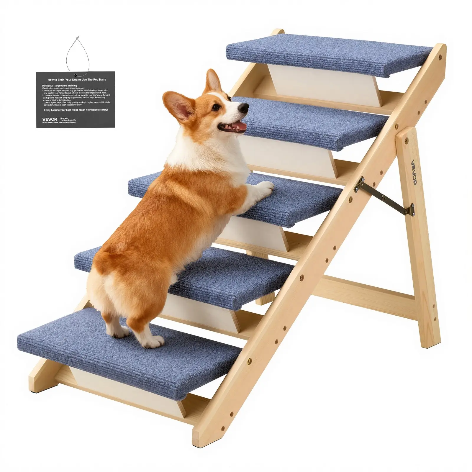 【Summerfinds】VEVOR Wood Pet Stairs, 5-Step Ladder for Beds & Cars, 150 lbs Load Capacity, 30.71 x 18.5 x 25.98 in, Comfortable Non-Slip Surface, Foldable, Compact Storage, Easy to Carry, Sturdy for Small-Medium-Large Older Pets Puppies Poodles