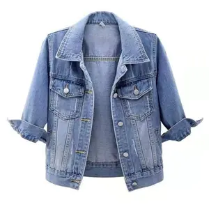 Women Autumn 3/4 Sleeve Retro Short Denim Jackets Light Blue Jean Coats