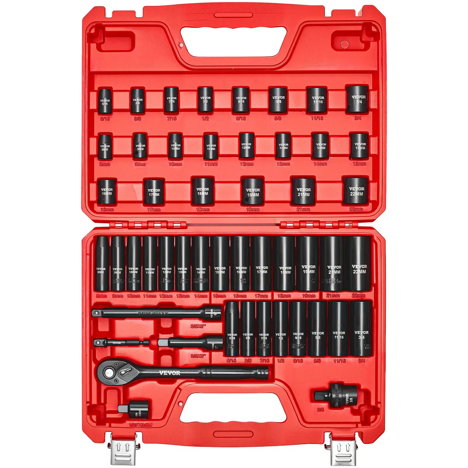 【Summerfinds】VEVOR 3/8 in Drive Socket Wrench Set, 50-Piece 6-Point Deep & Shallow Impact Sockets, SAE (5/16 in to 3/4 in) & Metric (8 to 22 mm) Sizes, 3 in & 6 in Extension Bars, Cr-V Steel, Carrying Case