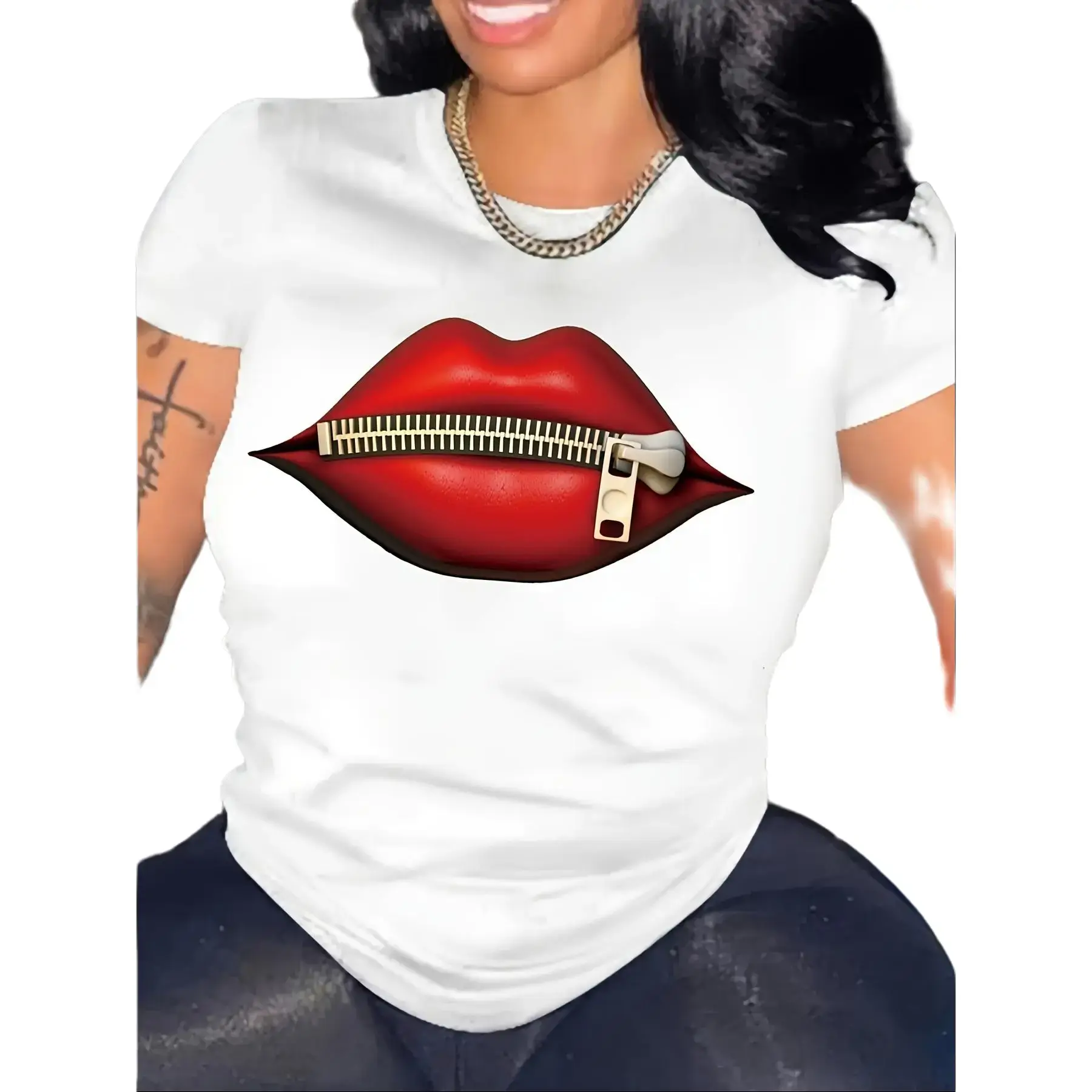 Summer And Autumn Ladies Casual Round Neck Short Sleeve T-shirt, Red Lip Print, Fashion Trend