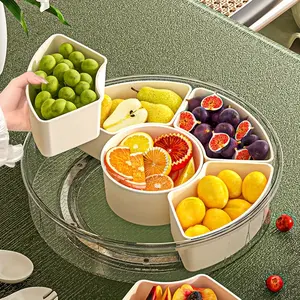 Divided Serving Tray with Lid and Handle - 1 Pack Food Storage Container, Stackable Plastic Container, Portable Spinning Rounded Fruit Vegetable Organizer for Kitchen, Party