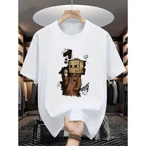 Men's Cartoon Cardboard Box Head Print Short-Sleeve T-Shirt, 100% Polyester Fiber, Regular Fit, Outdoor Commuting Casual Top,  Trendy Versatile Daily Wear