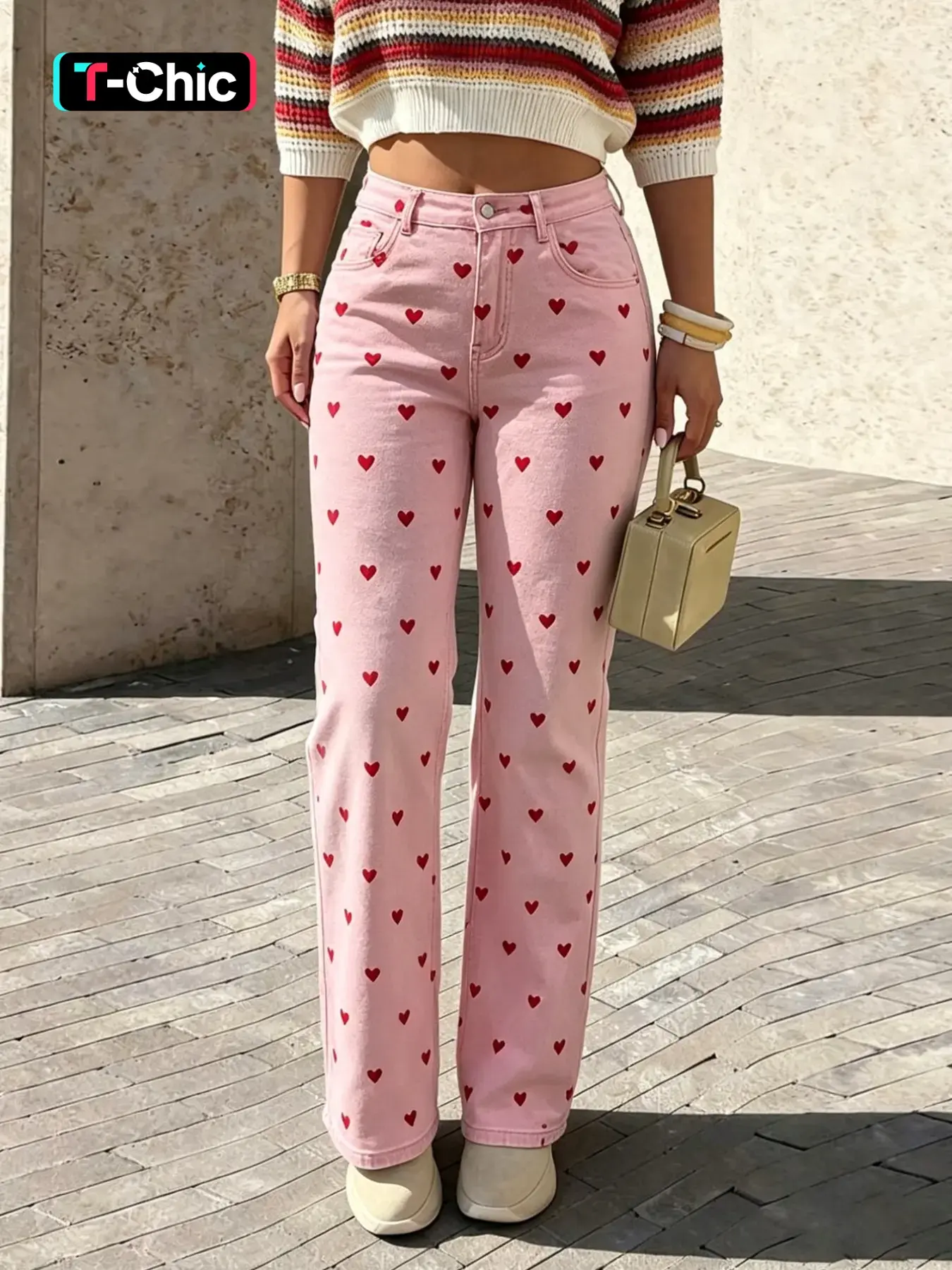Women's Heart Print Wide Leg Jeans, High Waist Loose Fit, All Season Casual Pants, Elastic Fabric, Fashionable Summer Wear, High Waisted Denim