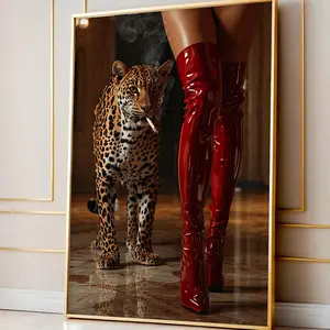 [Unframe] [Free ship] Red Boots Print, High Fashion Poster, Retro Leopard Poster, Hypebeast Aesthetics, Luxurious Wall Art, Cool Girl Photo, Chic Designer Poster