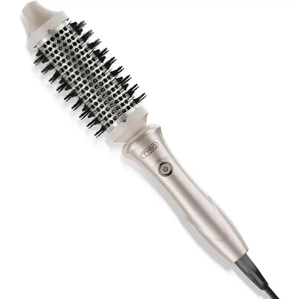 TYMO 2.0 Thermal Brush Curling Brush - STYLUX 1.5" Blowout Volumizer with Flexi-Fit for Hair Straightening, Heated Round Styler Tool, Hair Straightener and Curler 2 in 1, Dual Voltage & Light, Gold