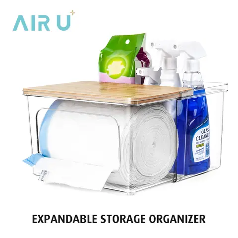 AIR U 2-in-1 Rectangular Bamboo Kitchen Trash Can Holder with Lid - Sturdy Garbage Dispenser, Stainless Steel Bins Home Goods Accessory, Maximizes Under-Sink Storage for 13/30/33gal Bags (Acrylic/Plastic Bathroom/Kitchen Cabinet Solution)