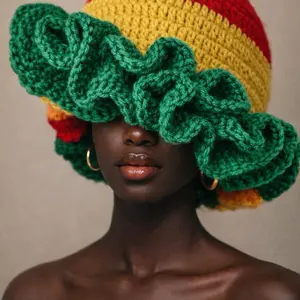 Rasta Style Crochet Hat with Green Ruffles and Yellow Red Accents for Women's Fashion