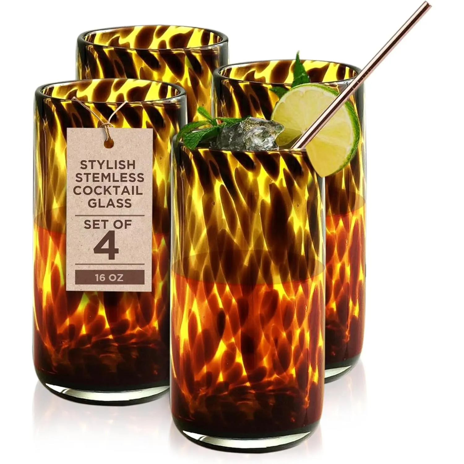 Tortoise Leopard Print Brown 16 oz. Highball Rocks Glasses, Set of 4 - Stylish Stemless  Cups Glass - Ideal Glassware Tumbler for Gin, , , Soft Drinks